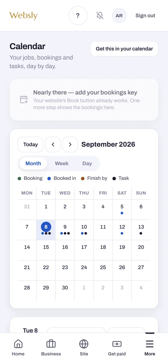 The Websly app calendar screen on a phone