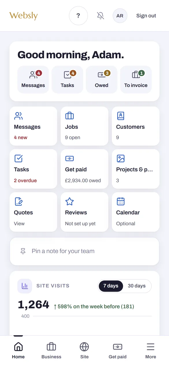The Websly app home screen on a phone: your site, today’s jobs, tasks, messages and what you are owed
