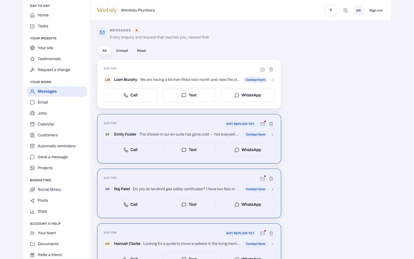 The Websly app messages screen on a laptop: every enquiry in one inbox