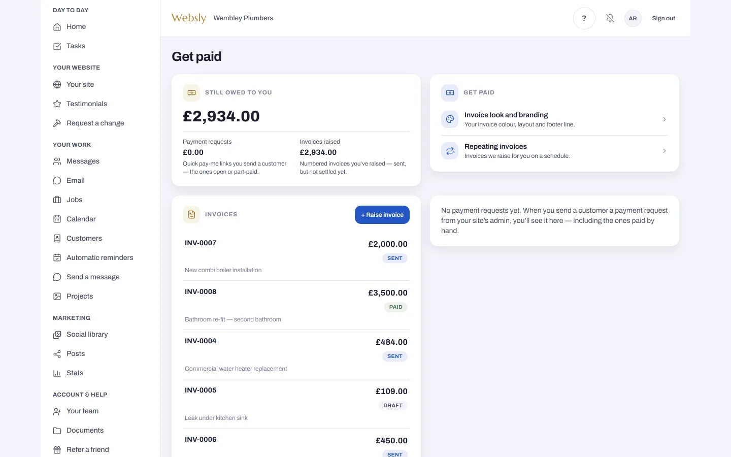 The Websly app Get paid screen on a laptop: invoices that chase themselves