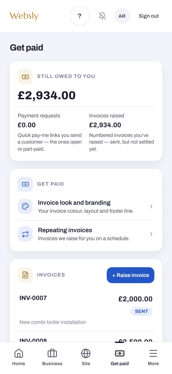 The Websly app Get paid screen on a phone: invoices and what is still owed