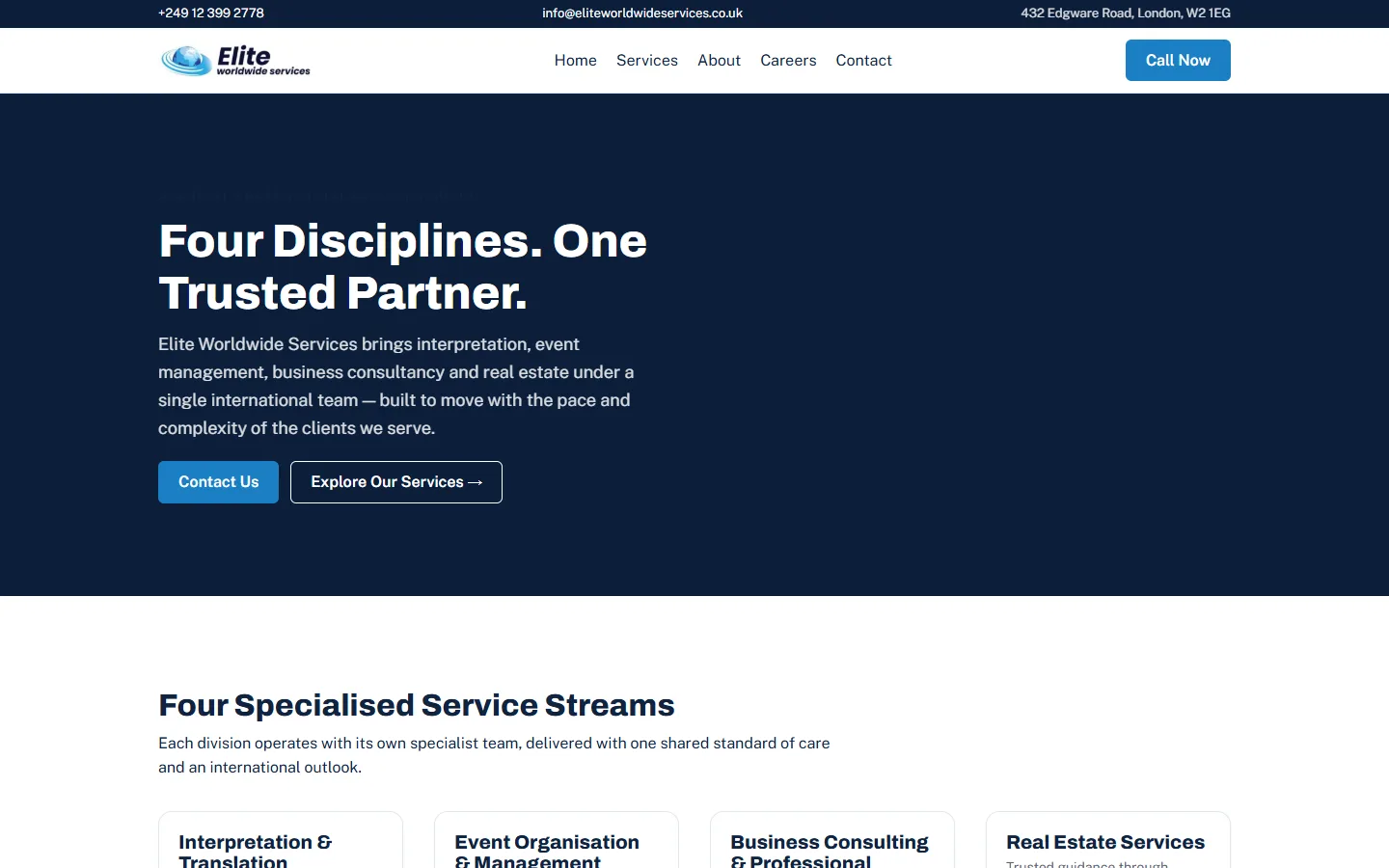 The Elite Worldwide Services website on a desktop screen, built by Websly