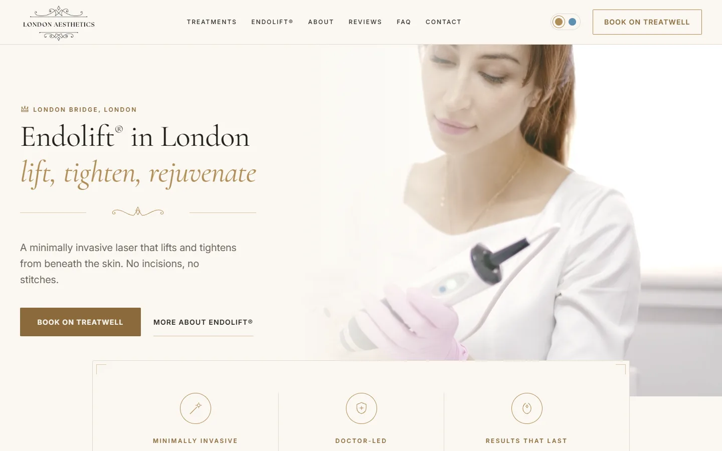 The London Aesthetics website on a desktop screen, built by Websly