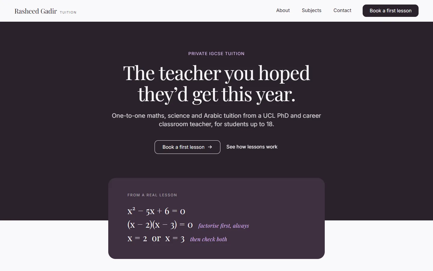 The Rasheed Tuition website on a desktop screen, built by Websly