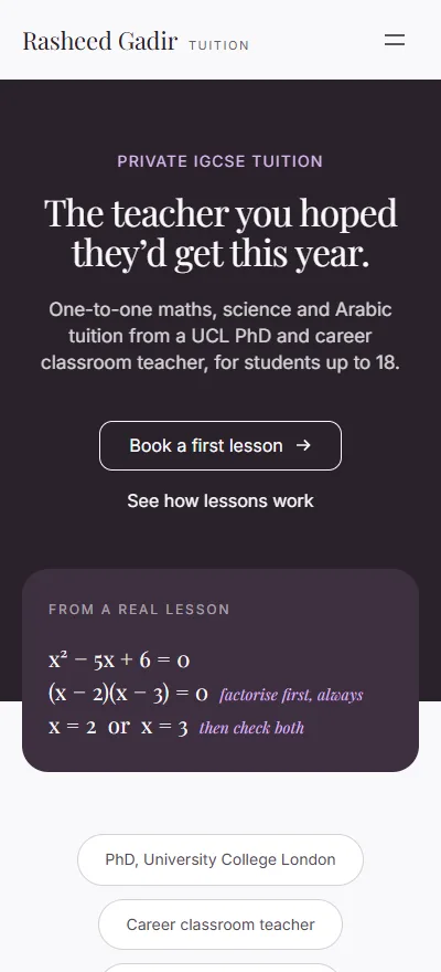 The same site at phone width